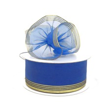 .875 Inch Royal Blue Organza Pull Bow Ribbon With 4 Rows of Gold Stripe Accents, 7/8 Inch x 25 Yards (Lot of 1 Spool) SALE ITEM